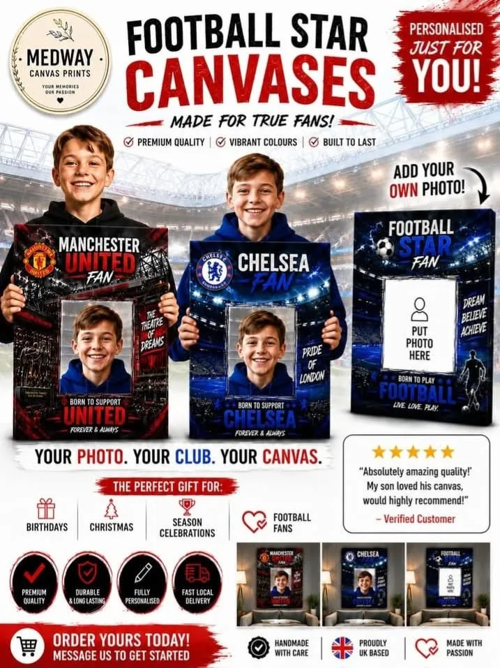 Football Star personalised canvases — your photo, your club, by Medway Canvas Prints